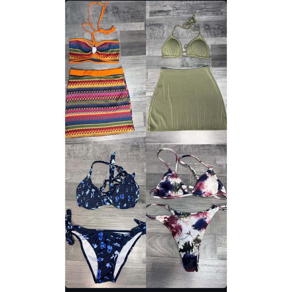 Women’s Bikini Swimwear Lot S/M 3 Sets Skirt Cover Up Tie Dye Ribbed Beach